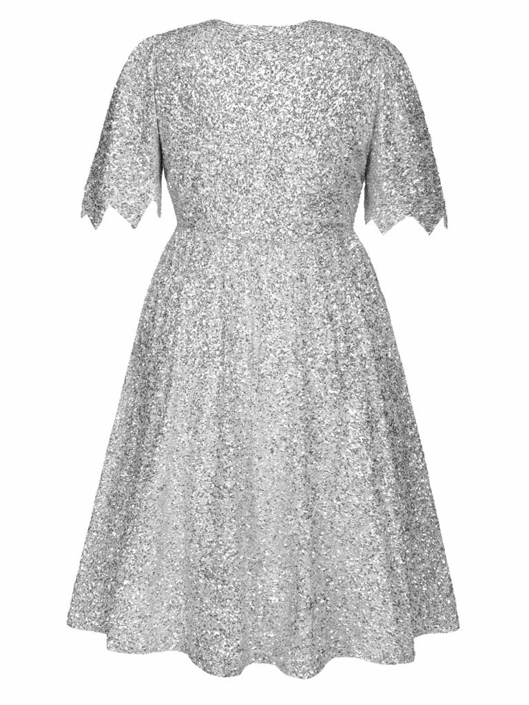 [Vorverkauf] [Übergröße] Silber 1950er Glockenärmel V-Ausschnitt Pailletten Kleid