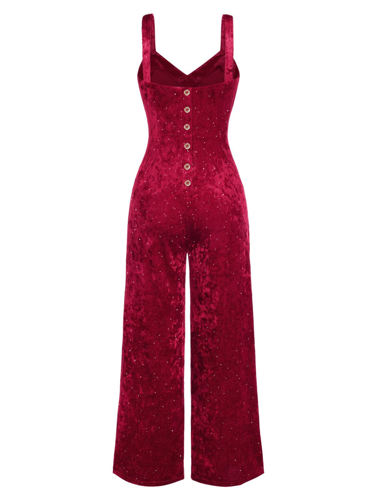 [Vorverkauf] Rot 1950er V-Ausschnitt Träger Samt Jumpsuit