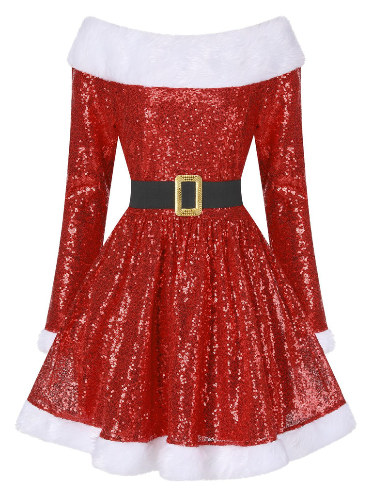 Rot 1950er Weihnachten Schulterfrei Fell Gürtel Kleid