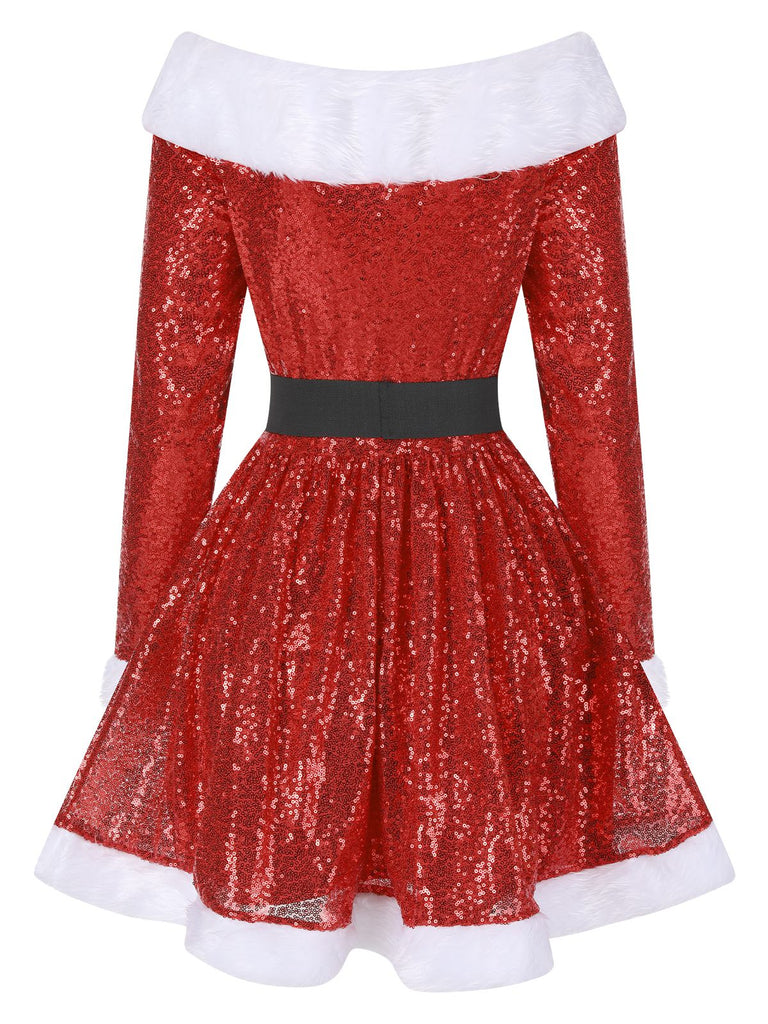 Rot 1950er Weihnachten Schulterfrei Fell Gürtel Kleid