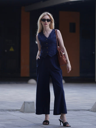 2PCS Dunkelblau 1960er Solide Ärmellos Blazer Suit