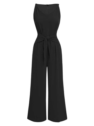 1970er V-Ausschnitt Bindeband-Vorne Solide Jumpsuit