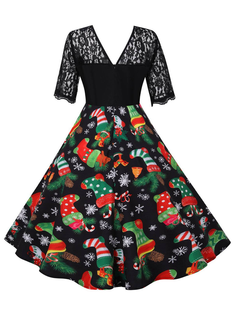Schwarz 1950er Weihnachten Strumpf Spitze Patchwork Kleid