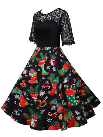 Schwarz 1950er Weihnachten Strumpf Spitze Patchwork Kleid