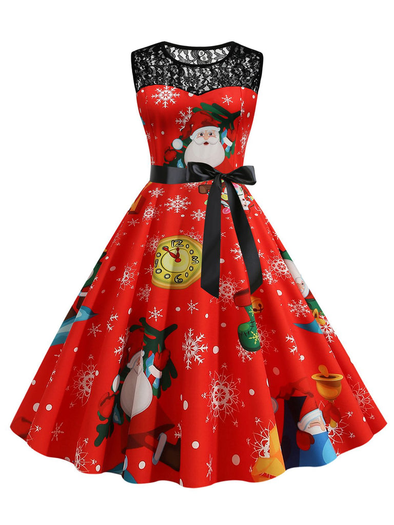 Rot 1950er Santa Claus Spitze Patchwork Kleid