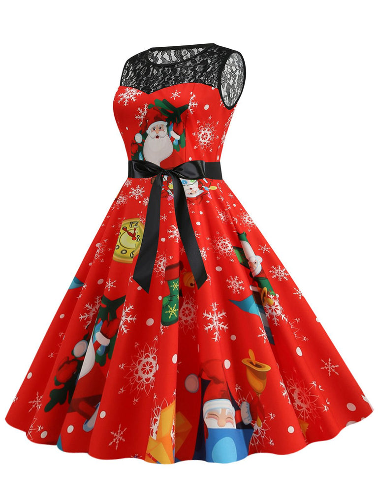 Rot 1950er Santa Claus Spitze Patchwork Kleid