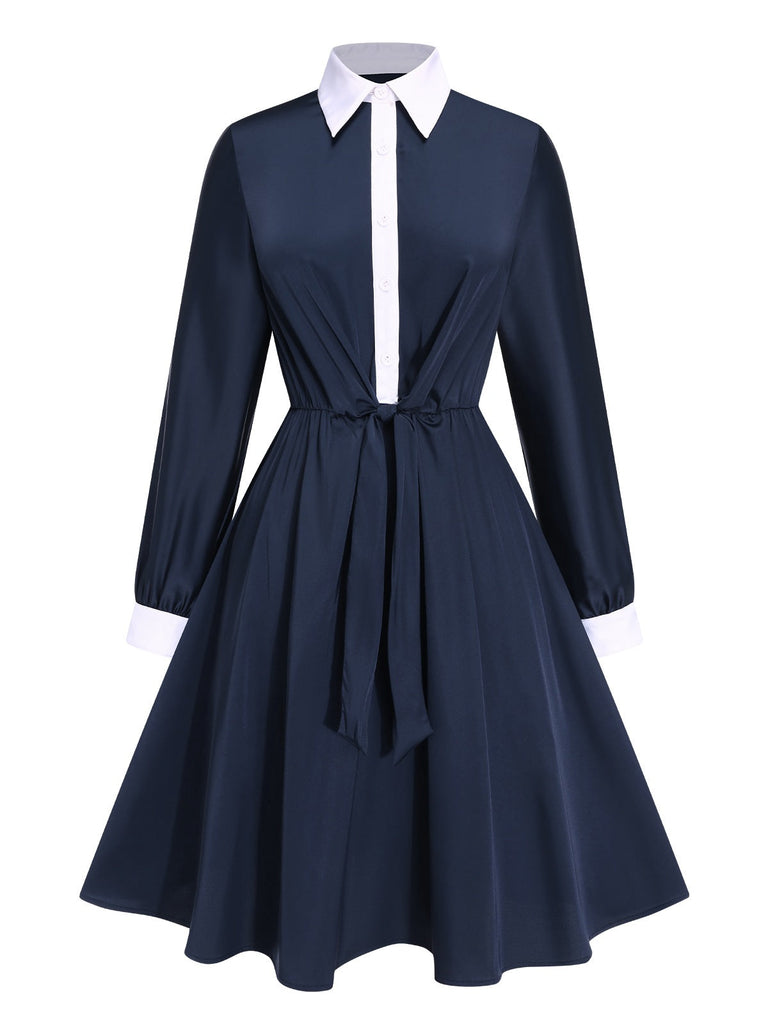 [Vorverkauf] Blau 1940er Revers Satin Schnürung Kleid