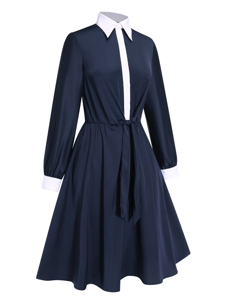 [Vorverkauf] Blau 1940er Revers Satin Schnürung Kleid