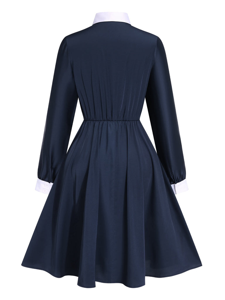 [Vorverkauf] Blau 1940er Revers Satin Schnürung Kleid