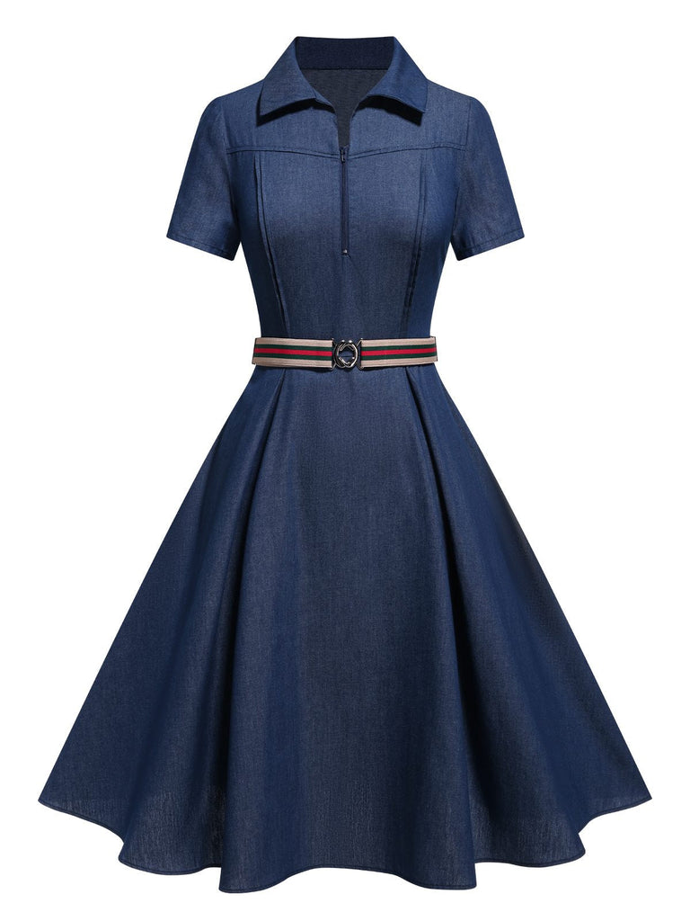 [Vorverkauf] Blau 1970er Revers Solide Denim Kleid