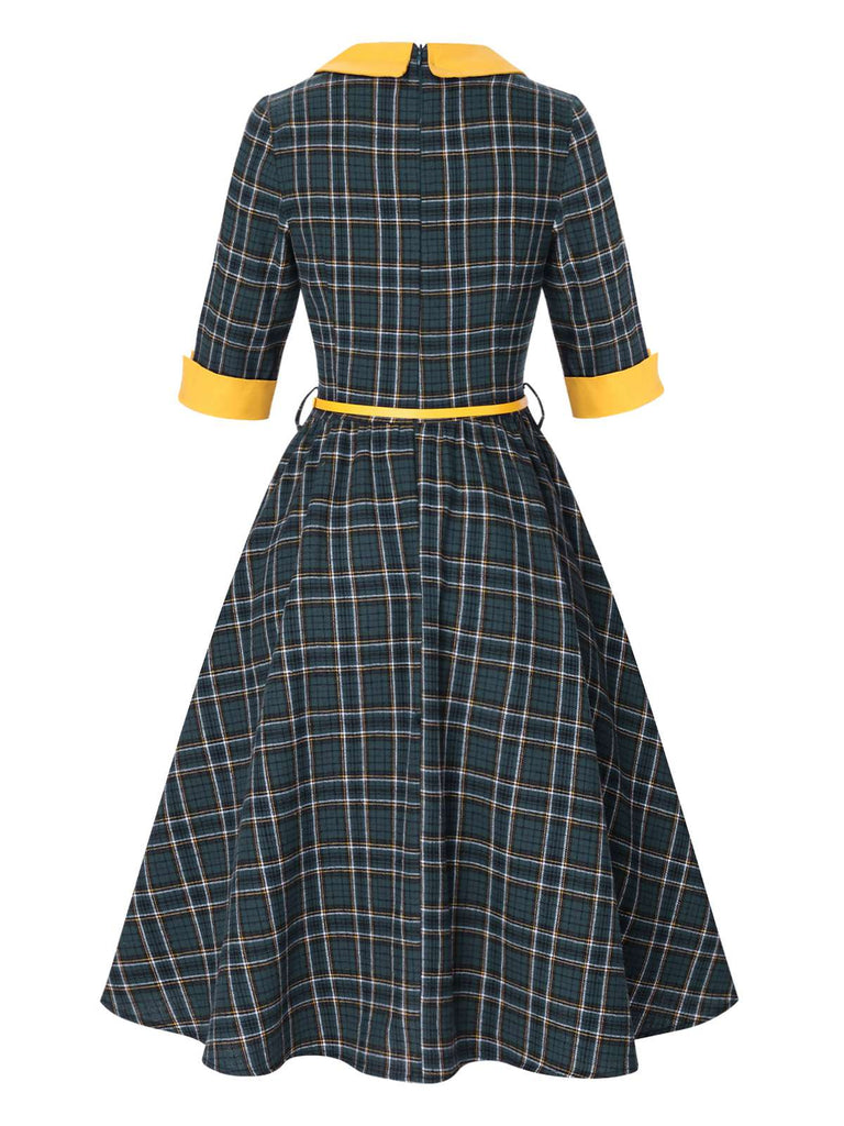 [Vorverkauf] 1950er Revers Tartan Plaid Farbblock Kleid