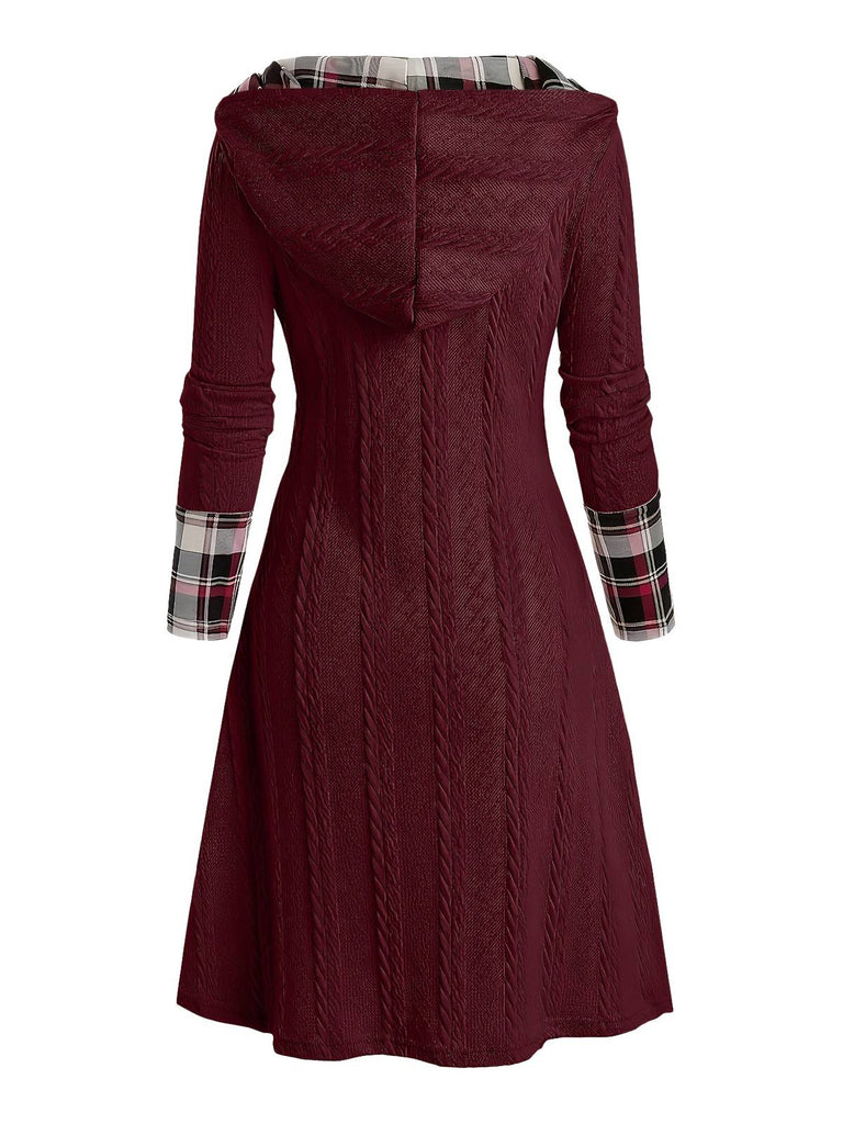 Weiß 1950er Plaid Stricken Kapuze Kleid