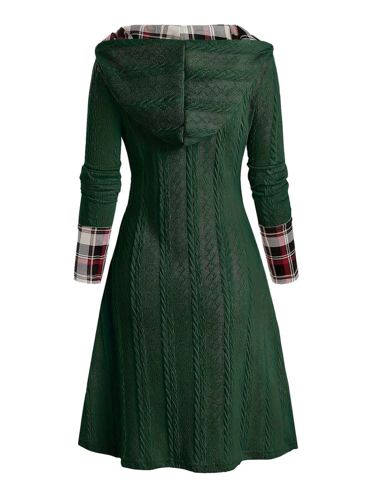 Weiß 1950er Plaid Stricken Kapuze Kleid