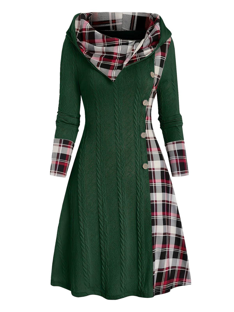 Weiß 1950er Plaid Stricken Kapuze Kleid