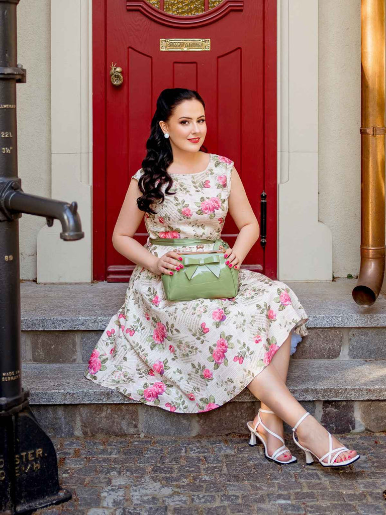 Multicolor 1950er Rose Bildhaft Gürtel Kleid
