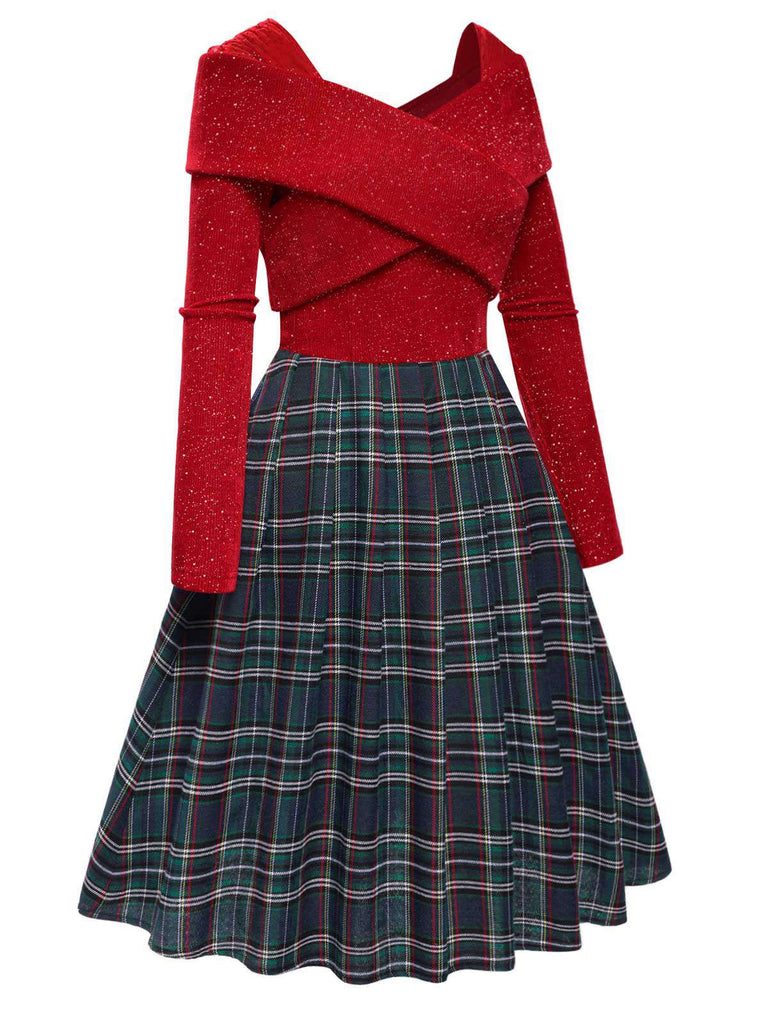 [Vorverkauf] Rot 1950er Tartan Plaids Patchwork Plissee Kleid