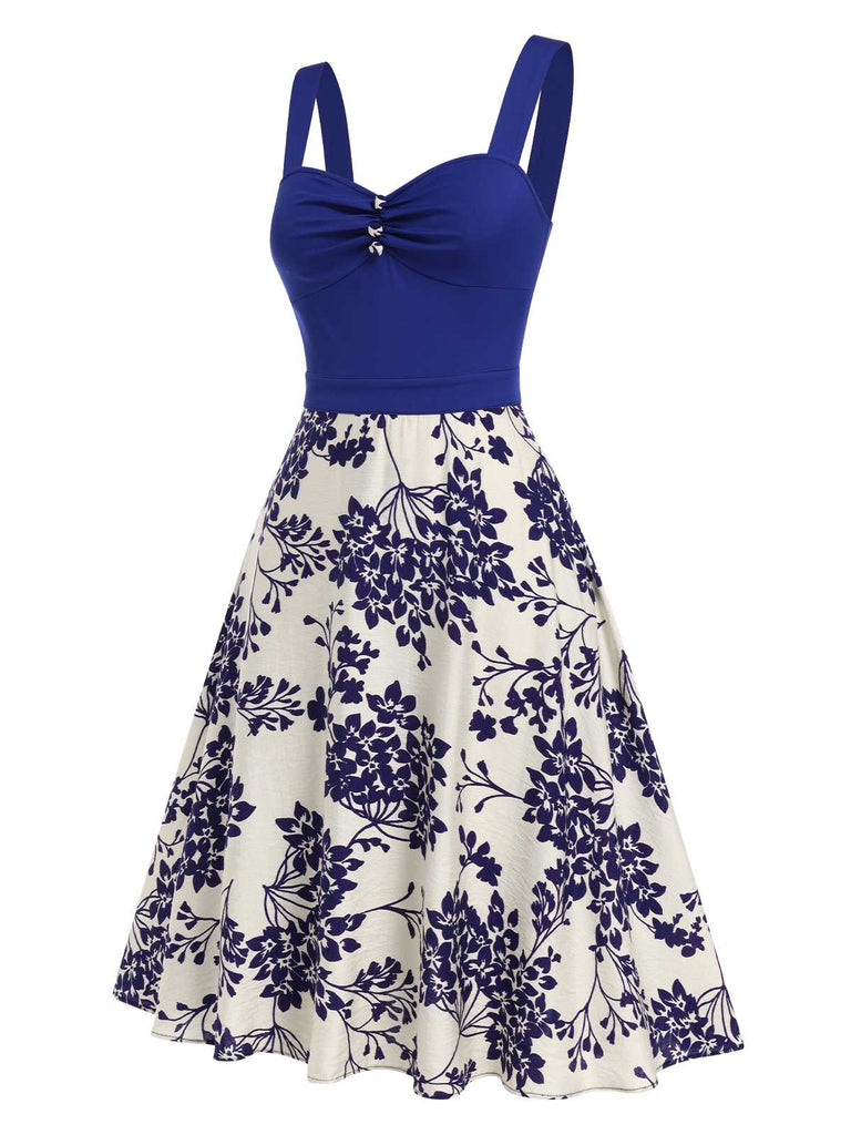 [Vorverkauf] Blau 1950er Blumen Knöpfen Sweetheart-Kragen Kleid