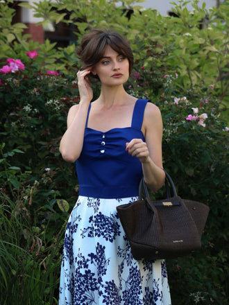 Blau 1950er Blumen Knöpfen Sweetheart-Kragen Kleid