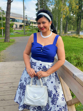 Blau 1950er Blumen Knöpfen Sweetheart-Kragen Kleid