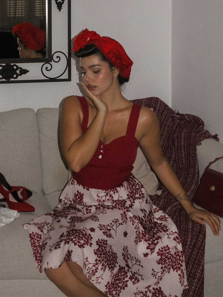 Rot 1950er Blumen Knöpfen Sweetheart-Kragen Kleid