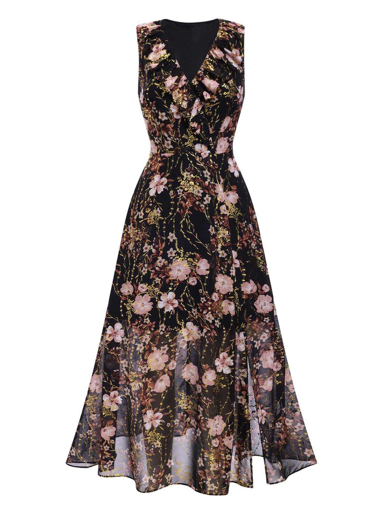 [Vorverkauf] Schwarz 1930er V-Ausschnitt Blumen Rüschen Maxi Kleid