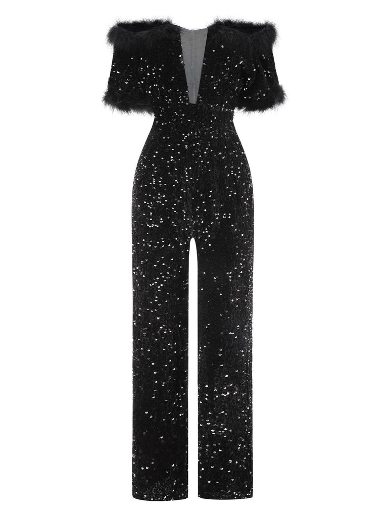 Schwarz 1980er V-Ausschnitt Feder Pailletten Jumpsuit