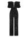 Schwarz 1980er V-Ausschnitt Feder Pailletten Jumpsuit