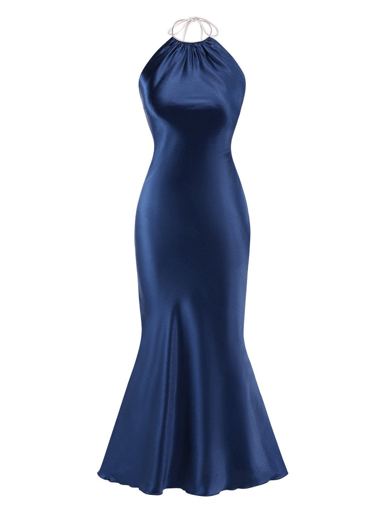 Dunkelblau 1930er Satin Halter Meerjungfrauenkleid