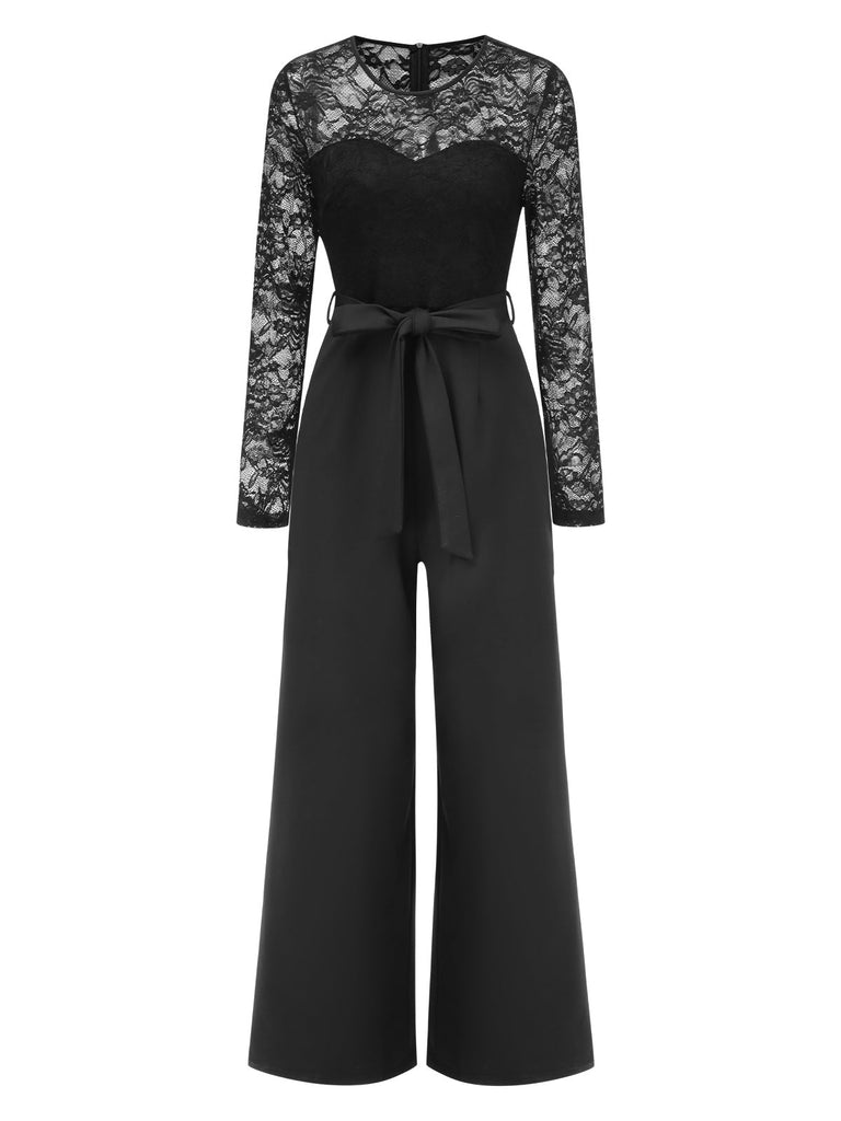 Schwarz 1940er Solide Spitze Patchwork Jumpsuit