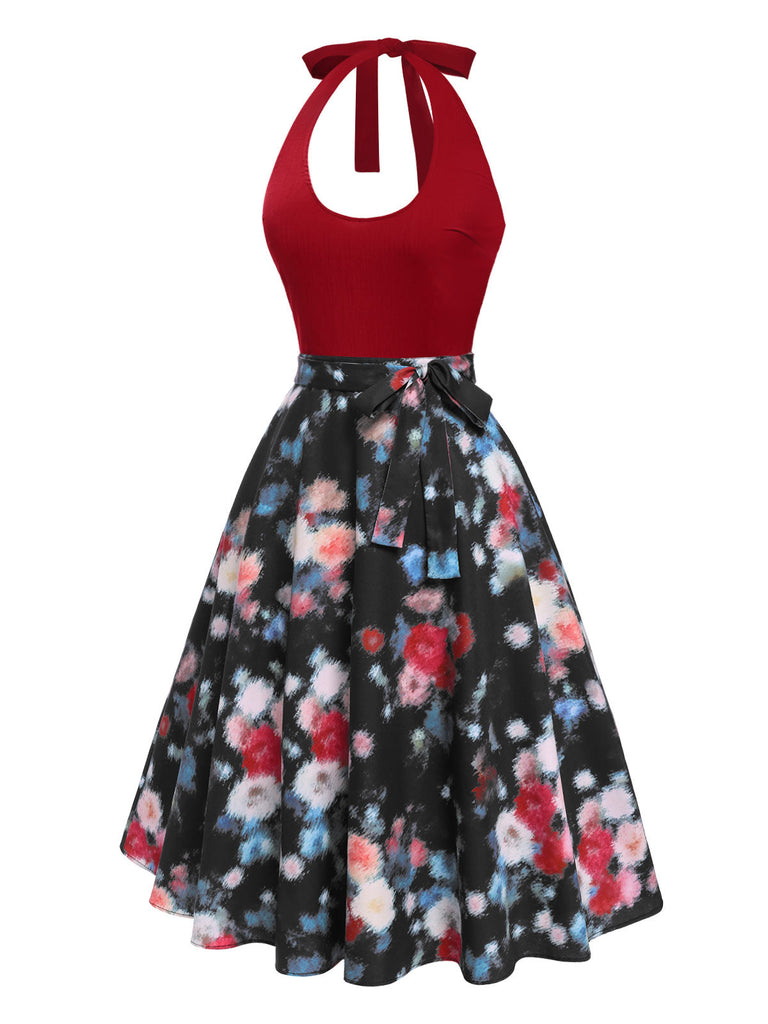 [Vorverkauf] Rot 1950er Halter Blumen Kleid