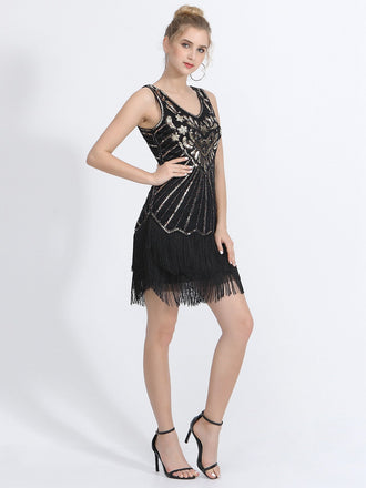 1920er V-Ausschnitt Pflanzen Quaste Pailletten Kleid