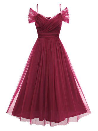 Rot 1950er Spaghetti Träger Schulterfrei Masche Kleid