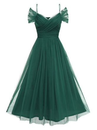 Grün 1950er Spaghetti Träger Schulterfrei Masche Kleid
