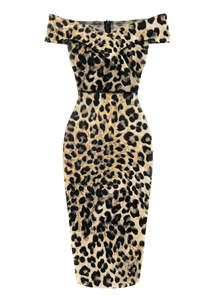 1960er Schulterfreies Leopard Bleistift Kleid