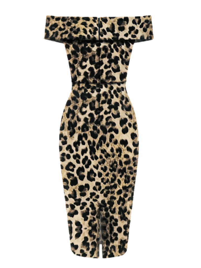 1960er Schulterfreies Leopard Bleistift Kleid