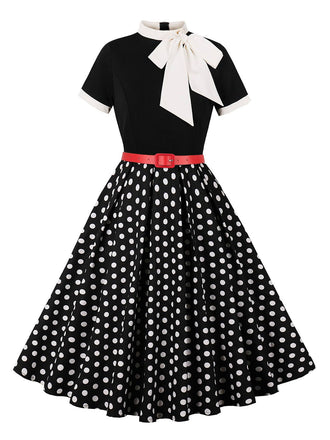 Schwarz 1950er Krawattenhals Polka Dots Gürtel Kleid mit Zubehör-Set