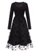 Schwarz 1950er Blumen Netz Patchwork Kleid