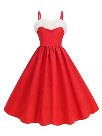 1950er Solide Weihnachten Pelzkragen Kleid