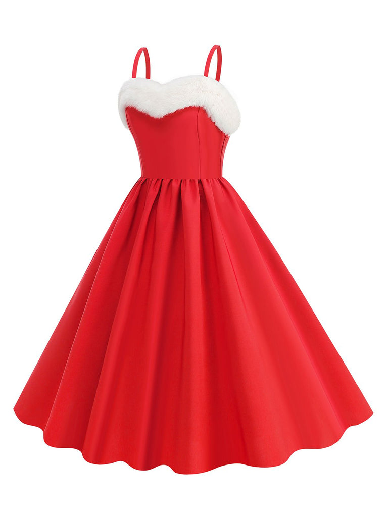 1950er Solide Weihnachten Pelzkragen Kleid
