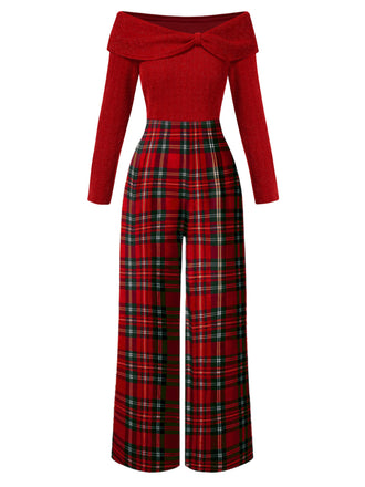 Rot 1950er Schulterfrei Plaids Jumpsuit