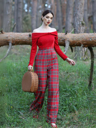 Rot 1950er Schulterfrei Plaids Jumpsuit
