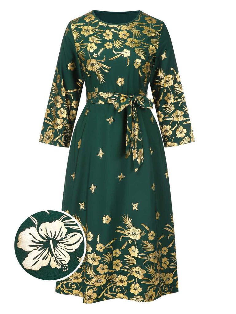 [Übergröße] Grün 1940er Vergoldet Blumen Gürtel Kleid