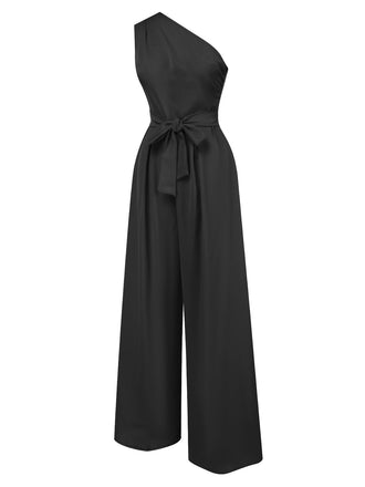 Schwarz 1930er Eine Schulter Solide Binden Jumpsuit