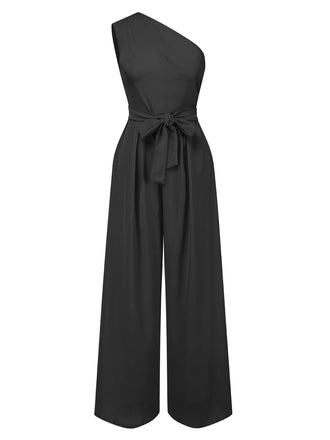 Schwarz 1930er Eine Schulter Solide Binden Jumpsuit
