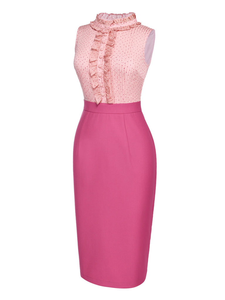 [Vorverkauf] Rosa 1960er Dots Rüschen Stehkragen Kleid