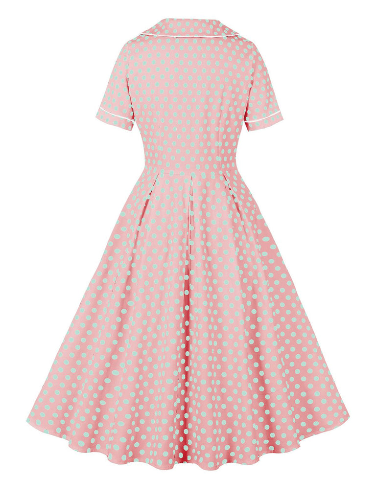 Rosa 1950er Blau Polka Dot Revers Kleid