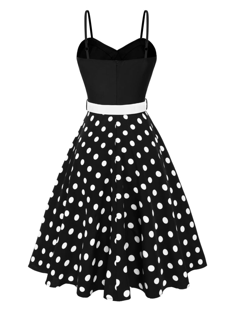 [Vorverkauf] Schwarz 1950er Spaghetti Träger Polka Dots Gürtel Kleid