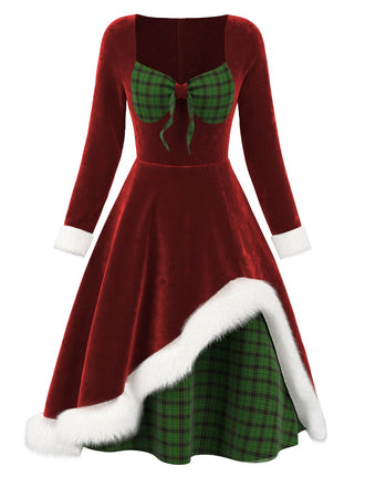 Rot 1950er Samt Plüsch & Plaid Patchwork Kleid