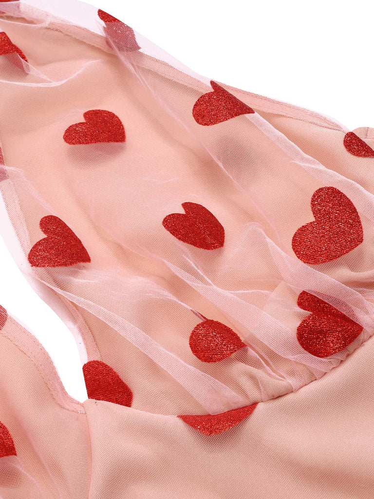 [Vorverkauf] Rosa 1950er Halter Herze Netz Kleid