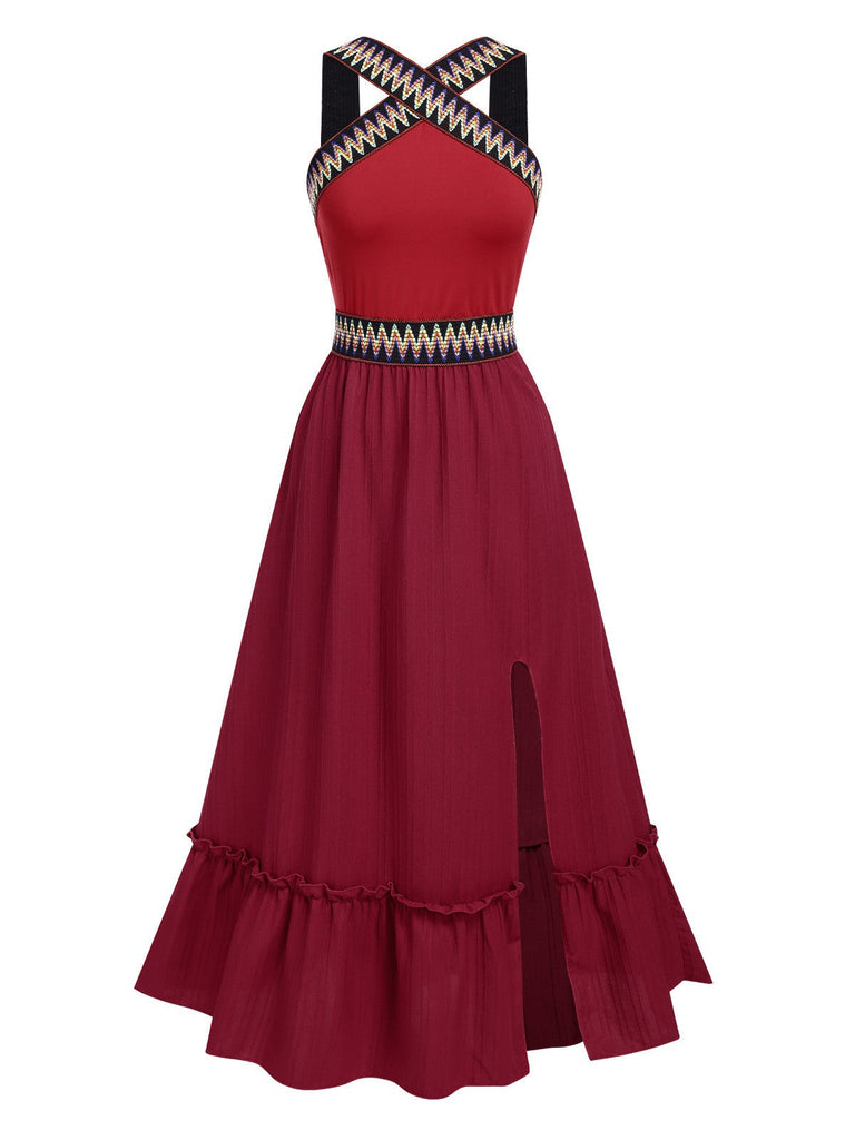 Weinrot 1940er Halter Ethnic Kleid